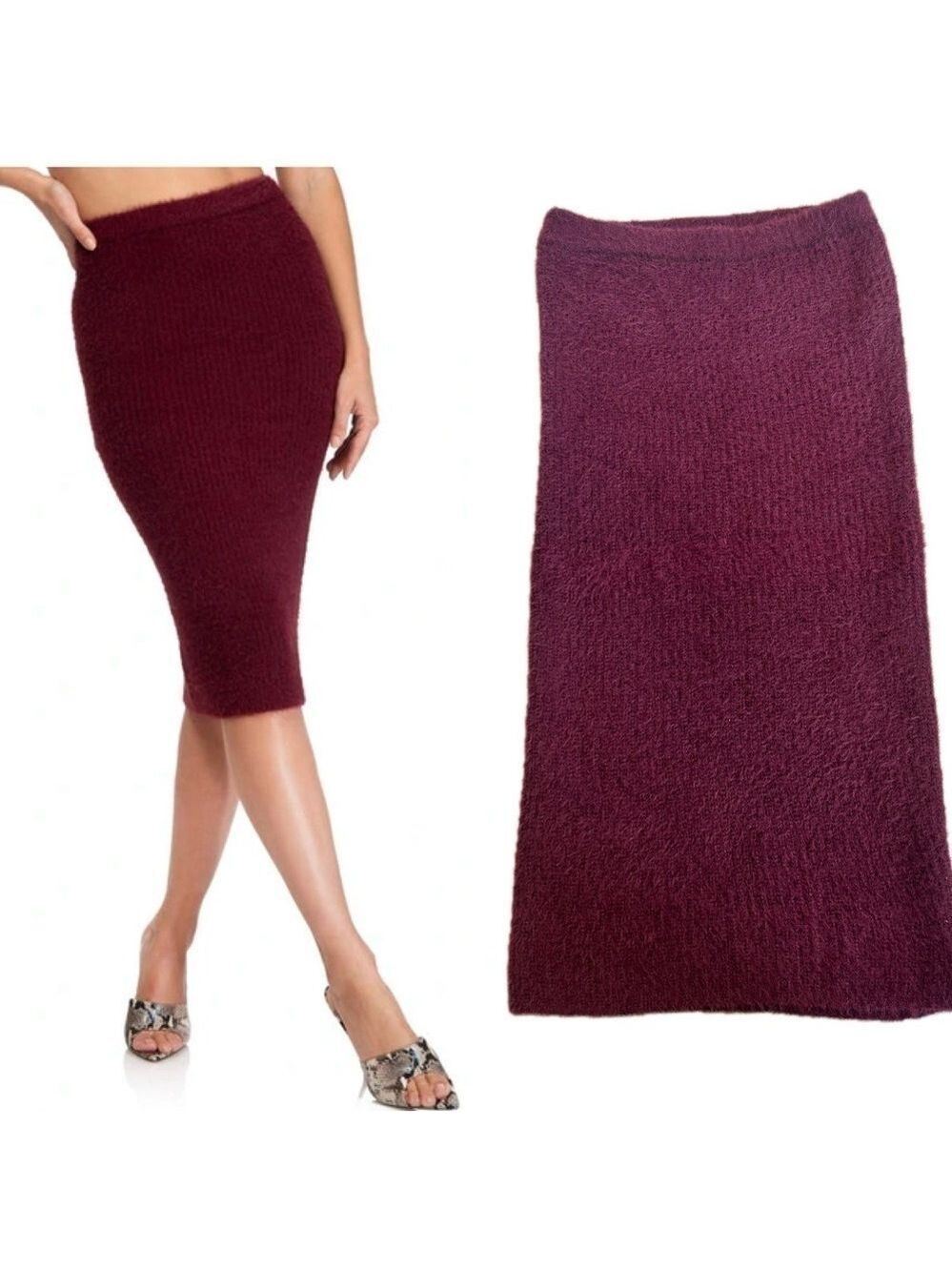 AFRM Burgundy Maroon Lolly Fuzzy Rib Sweater midi pencil Skirt In Port Royale S